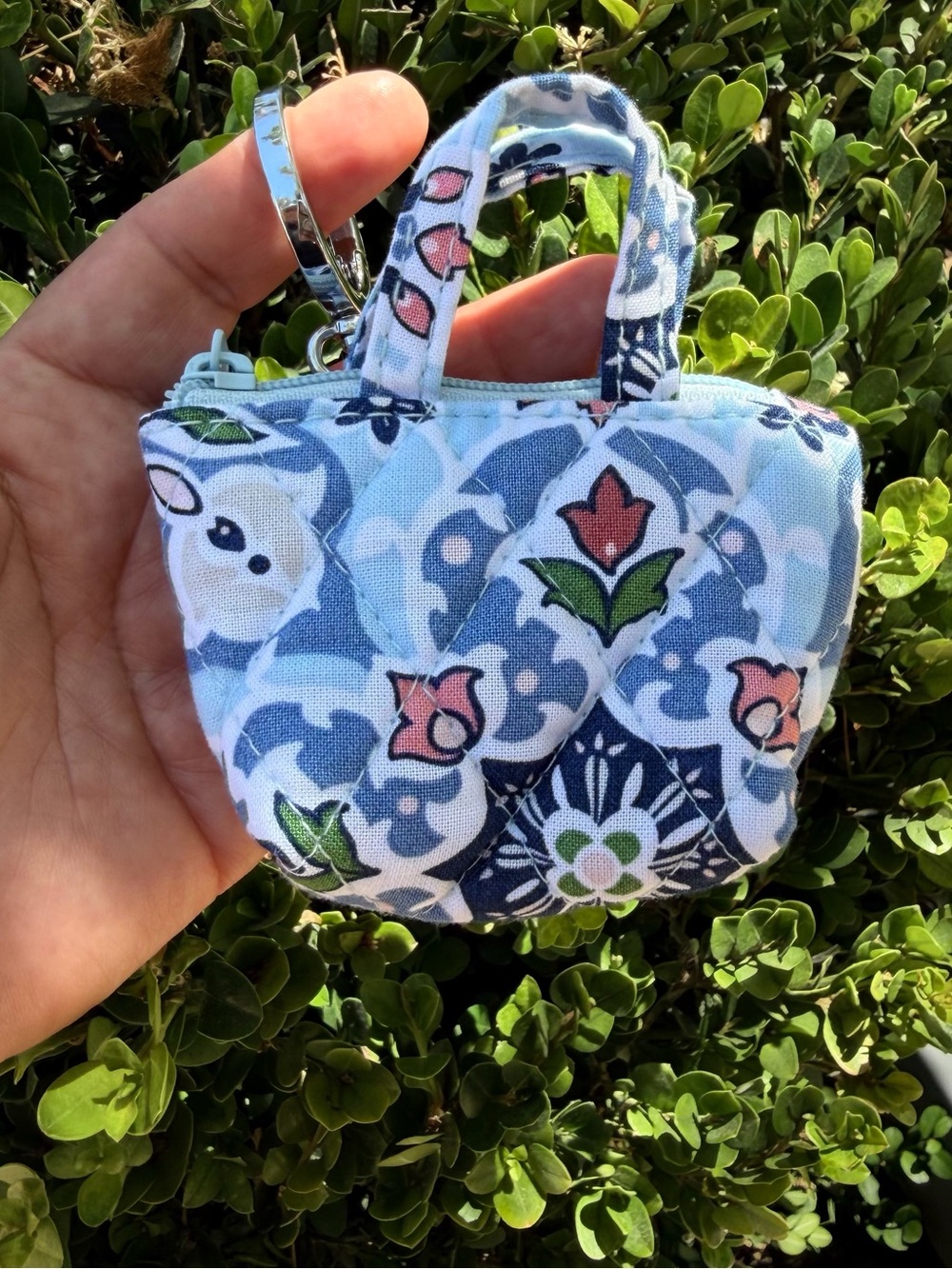 Vera Bradley Quilted Mini Tote Keychain in Light Blue, Pink and Navy